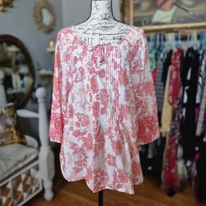 Charter Club Boho Cotton Pink Embroidered Floral Blouse Large